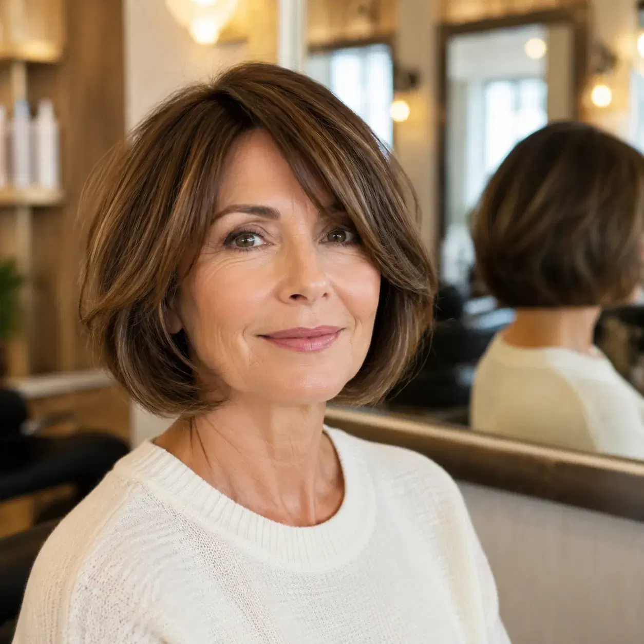 Realistic editorial photo of a woman over 50 with a soft bob haircut that sits naturally around the jaw, salon mirror ba