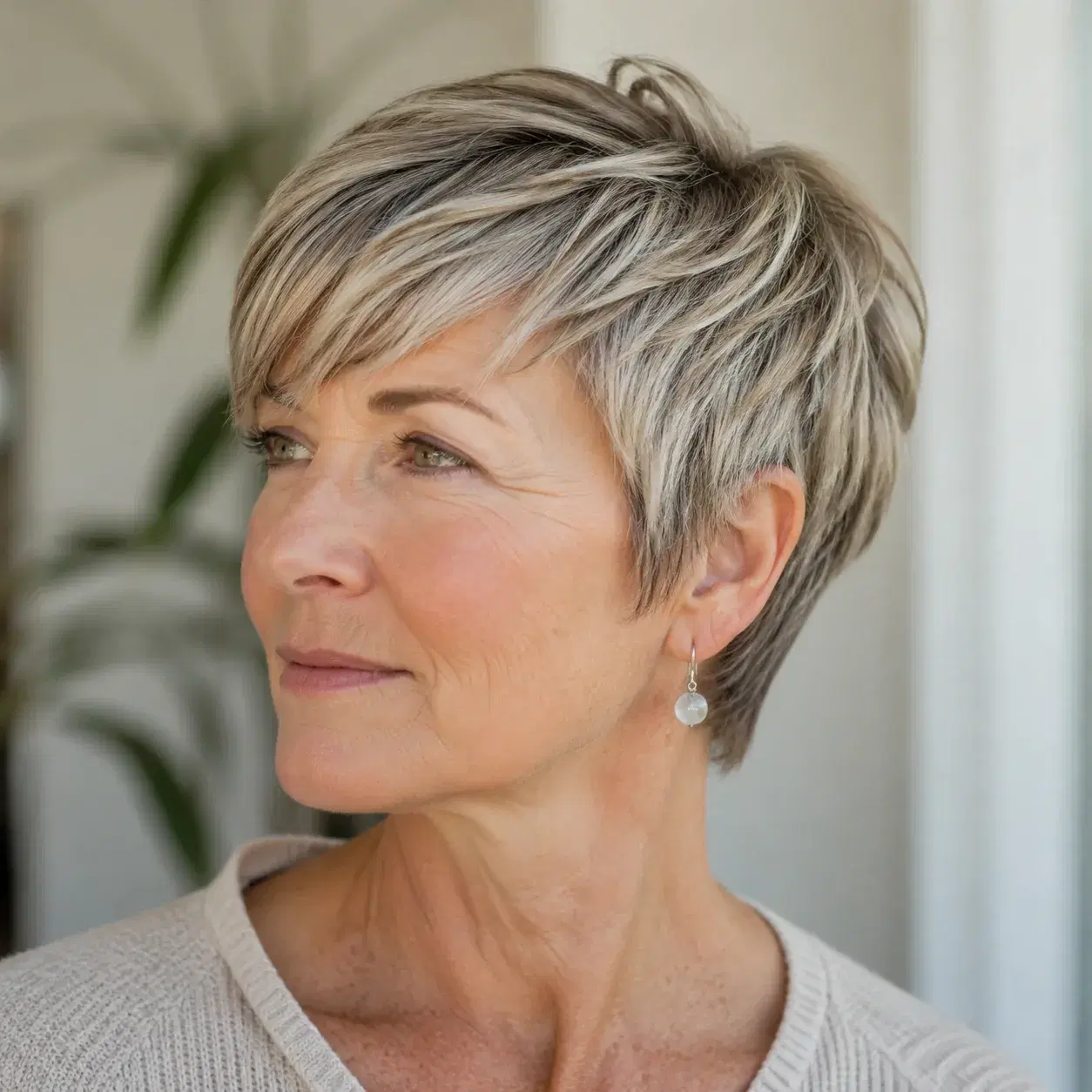Realistic editorial photo of a woman over 50 with a long pixie haircut and soft texture on top, simple salon portrait, n