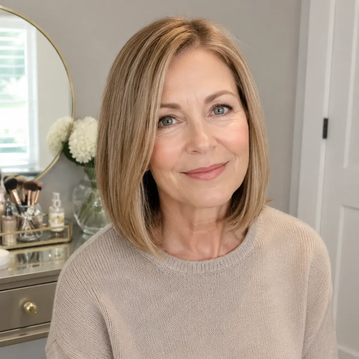 Realistic editorial photo of a woman over 50 with a one-length lob haircut, simple sweater, home vanity background, soft