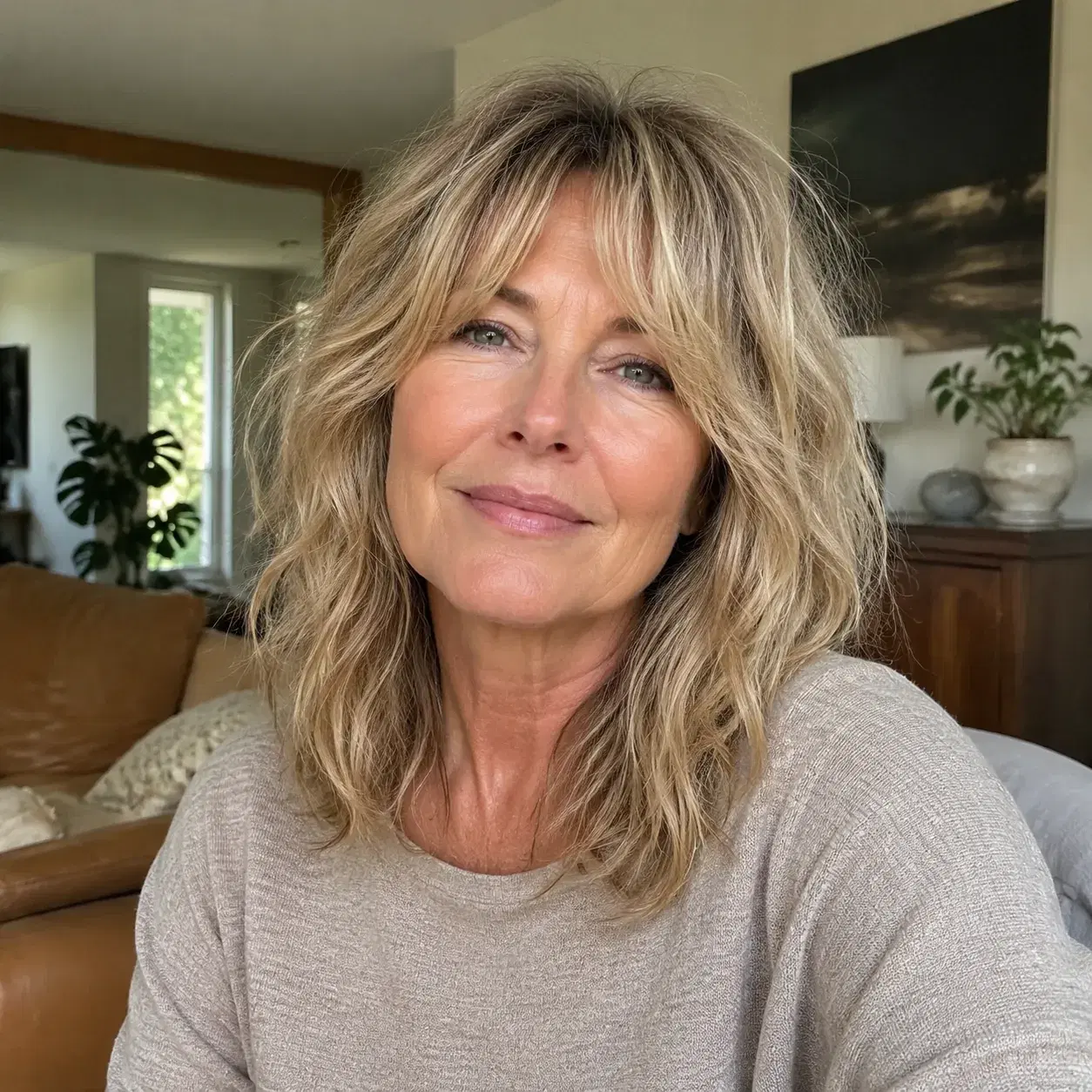 Realistic editorial photo of a woman over 50 with a grown-out shag haircut, soft layers and natural waves, casual home s