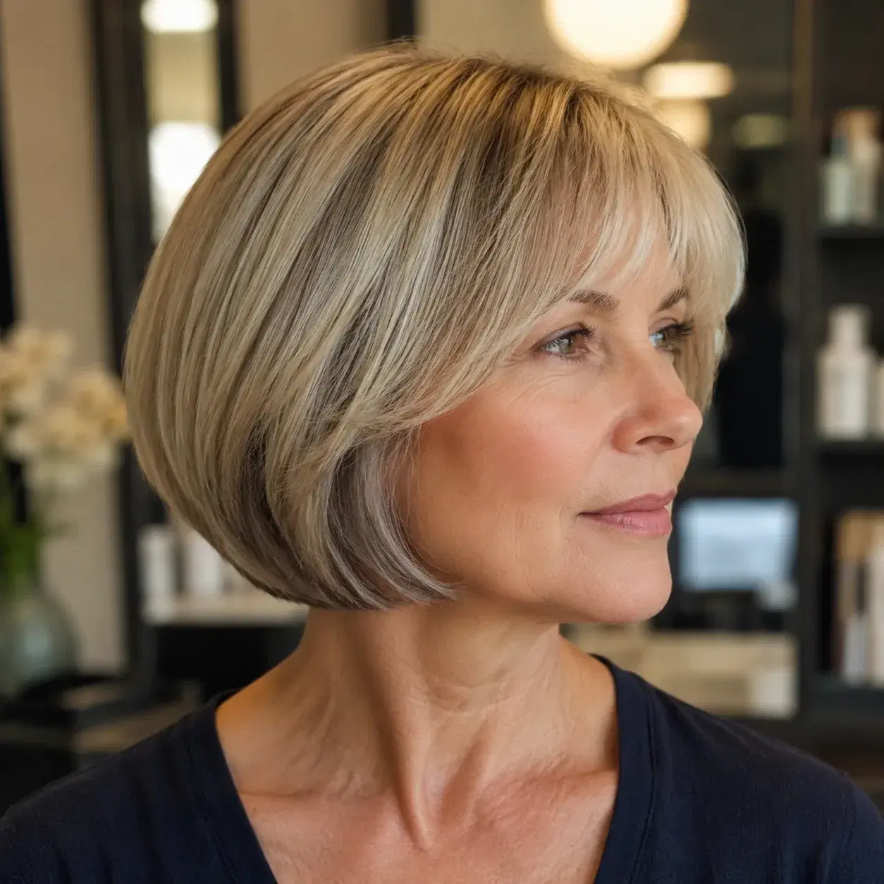 Realistic editorial photo of a woman over 50 with a jaw-length bob haircut, clean neckline, soft salon lighting, 1:1 squ