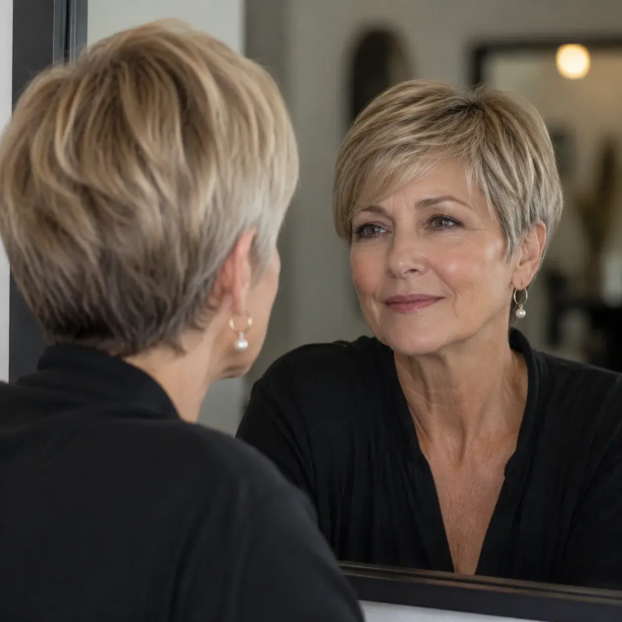 Realistic editorial photo of a woman over 50 with a bixie haircut, soft bob-pixie shape and natural texture, salon mirro