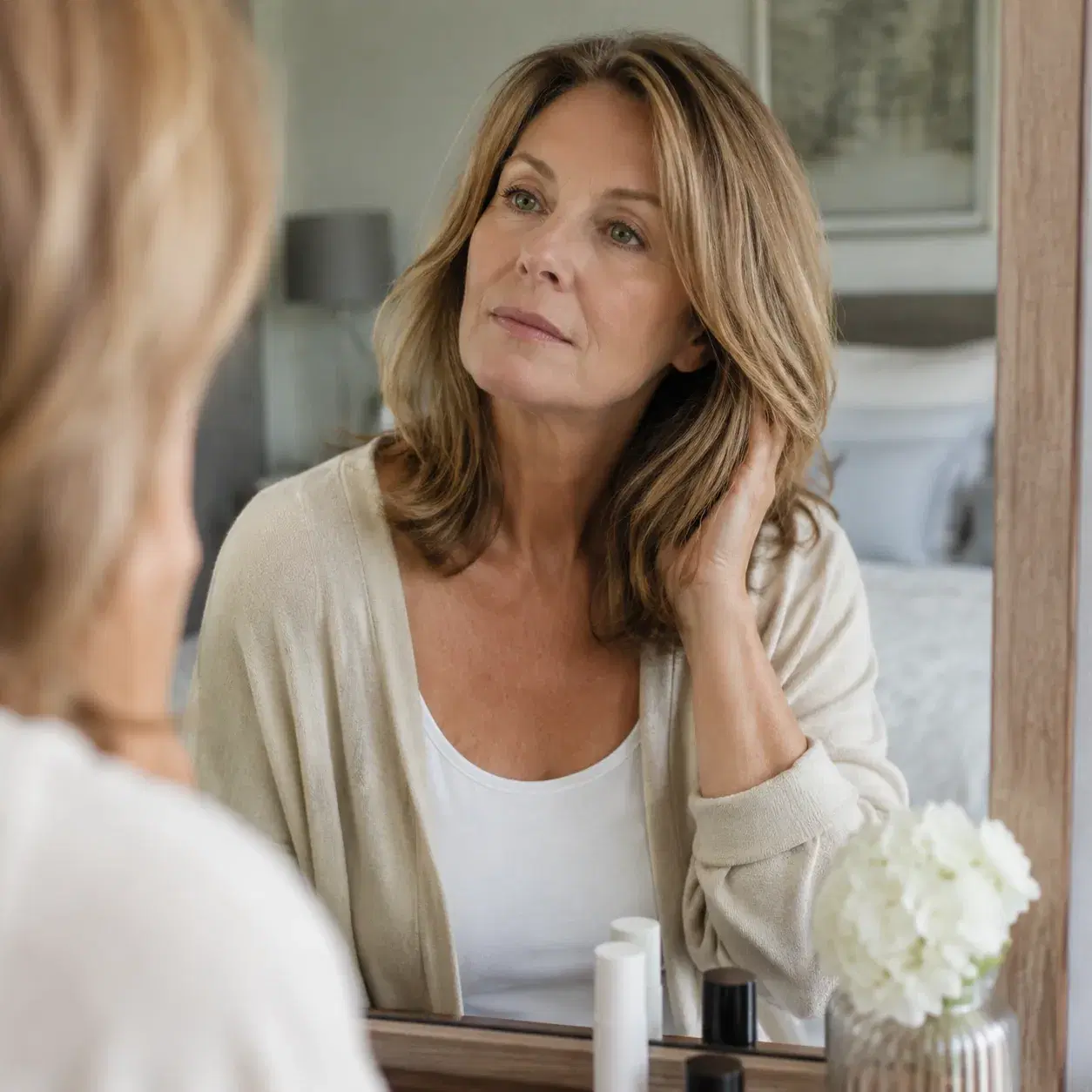 Realistic editorial photo of a woman over 50 with shoulder-length hair and long blended layers, bedroom mirror styling s