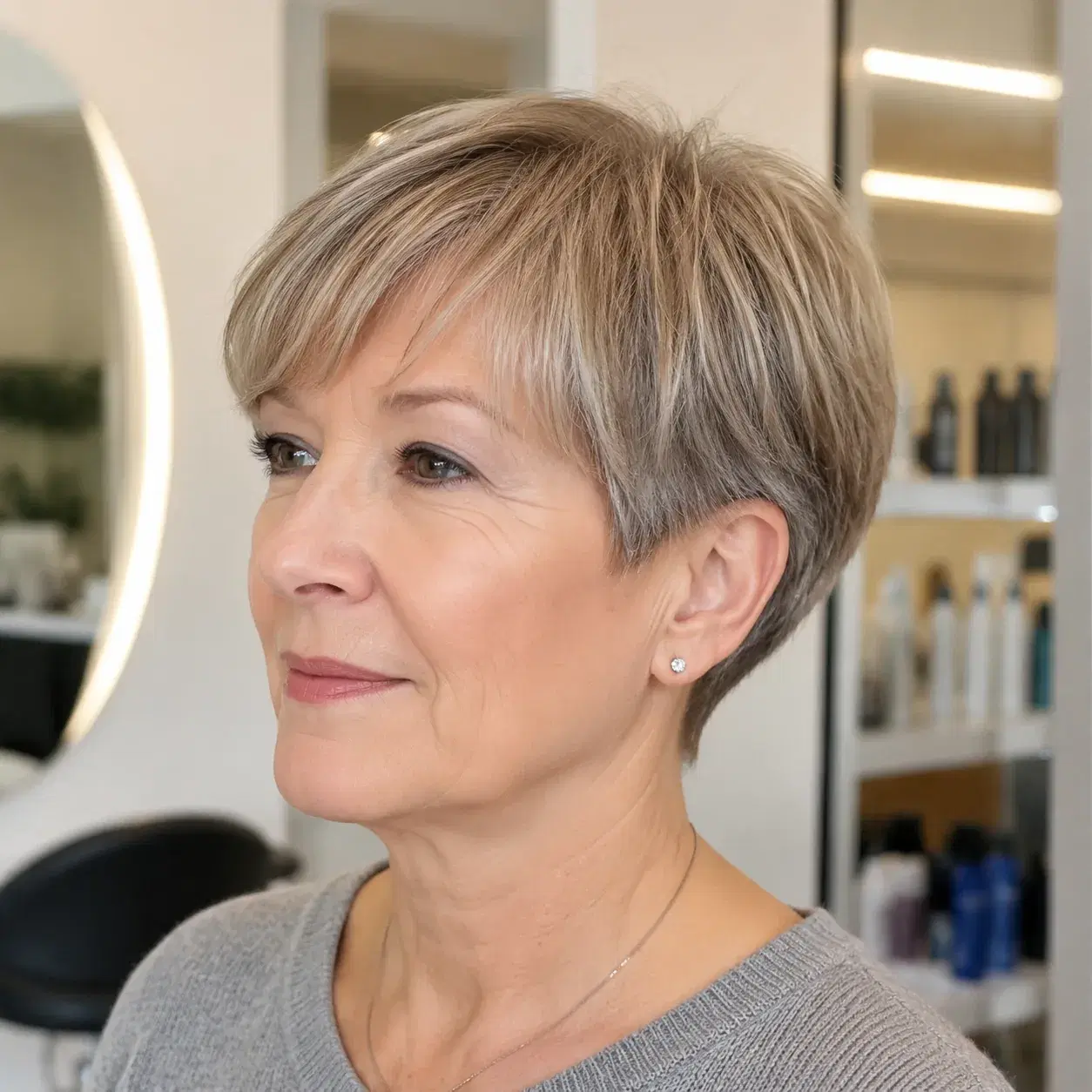 Realistic editorial photo of a woman over 50 with a rounded crop haircut, soft fringe and clean neckline, bright salon s
