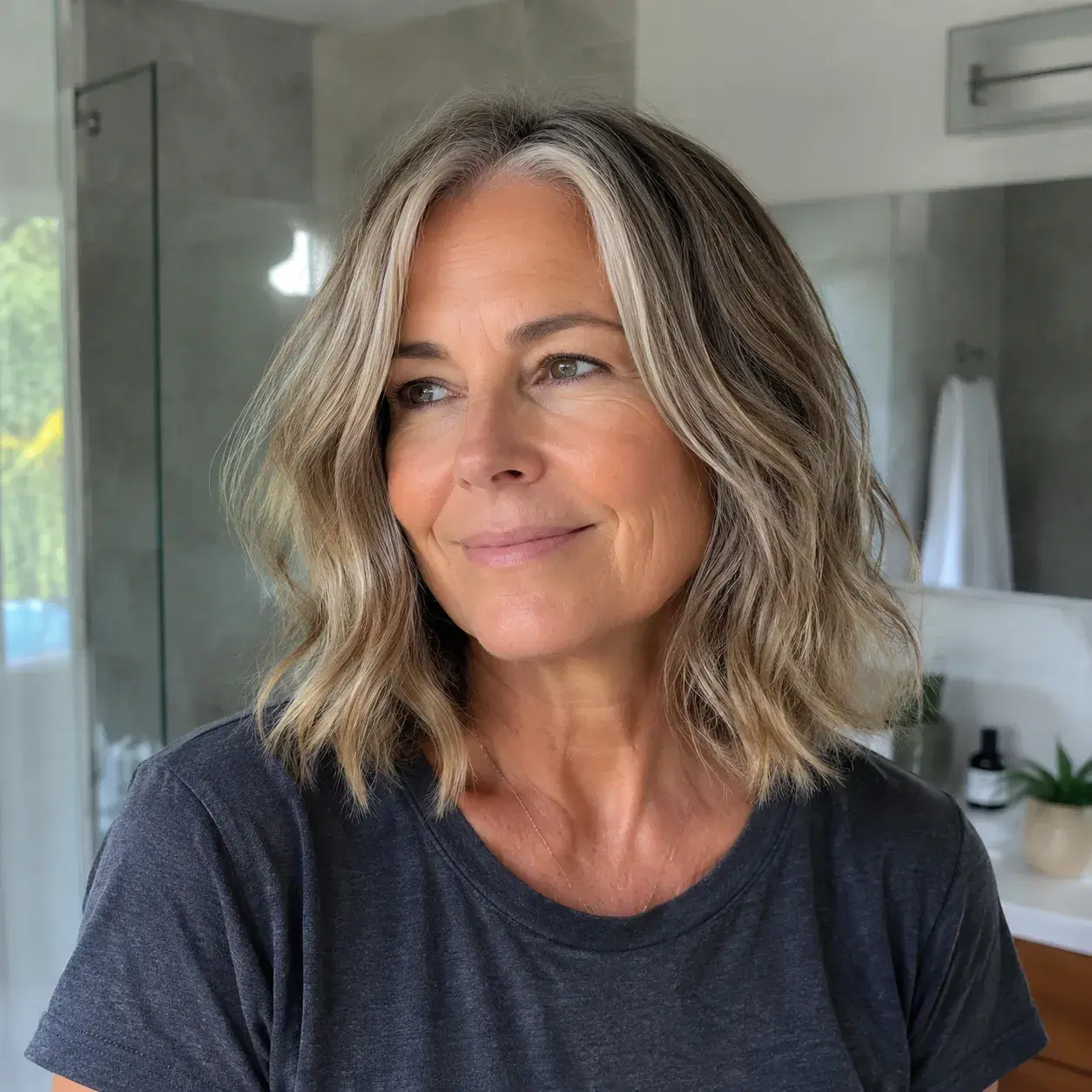 Realistic editorial photo of a woman over 50 with a wavy lob haircut air-dried with natural texture, casual bathroom set