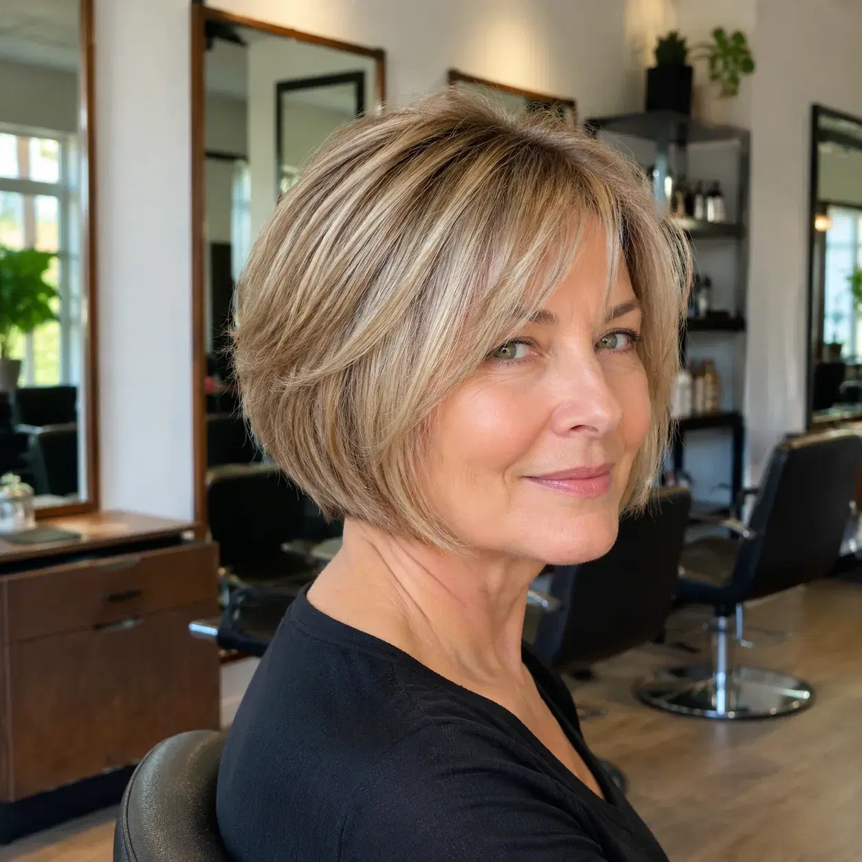 Realistic editorial photo of a woman over 50 with a layered bob and blunt base, salon chair and mirror background, natur