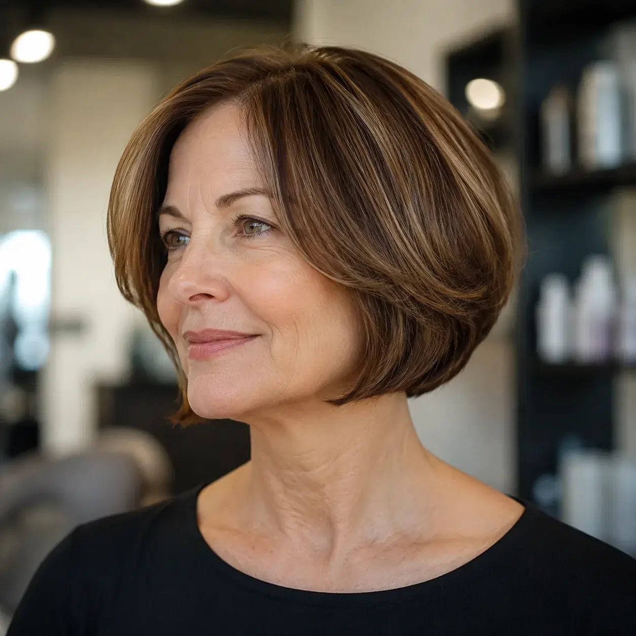 Realistic editorial photo of a woman over 50 with a modern pageboy-inspired haircut, soft rounded ends, simple top, salo