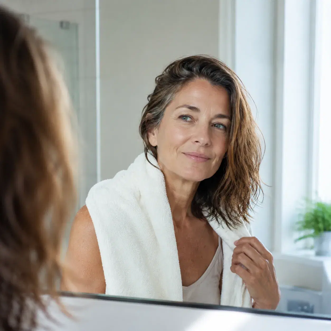 Realistic editorial photo of a woman over 50 letting medium hair air-dry with a natural side part, towel on shoulders, b