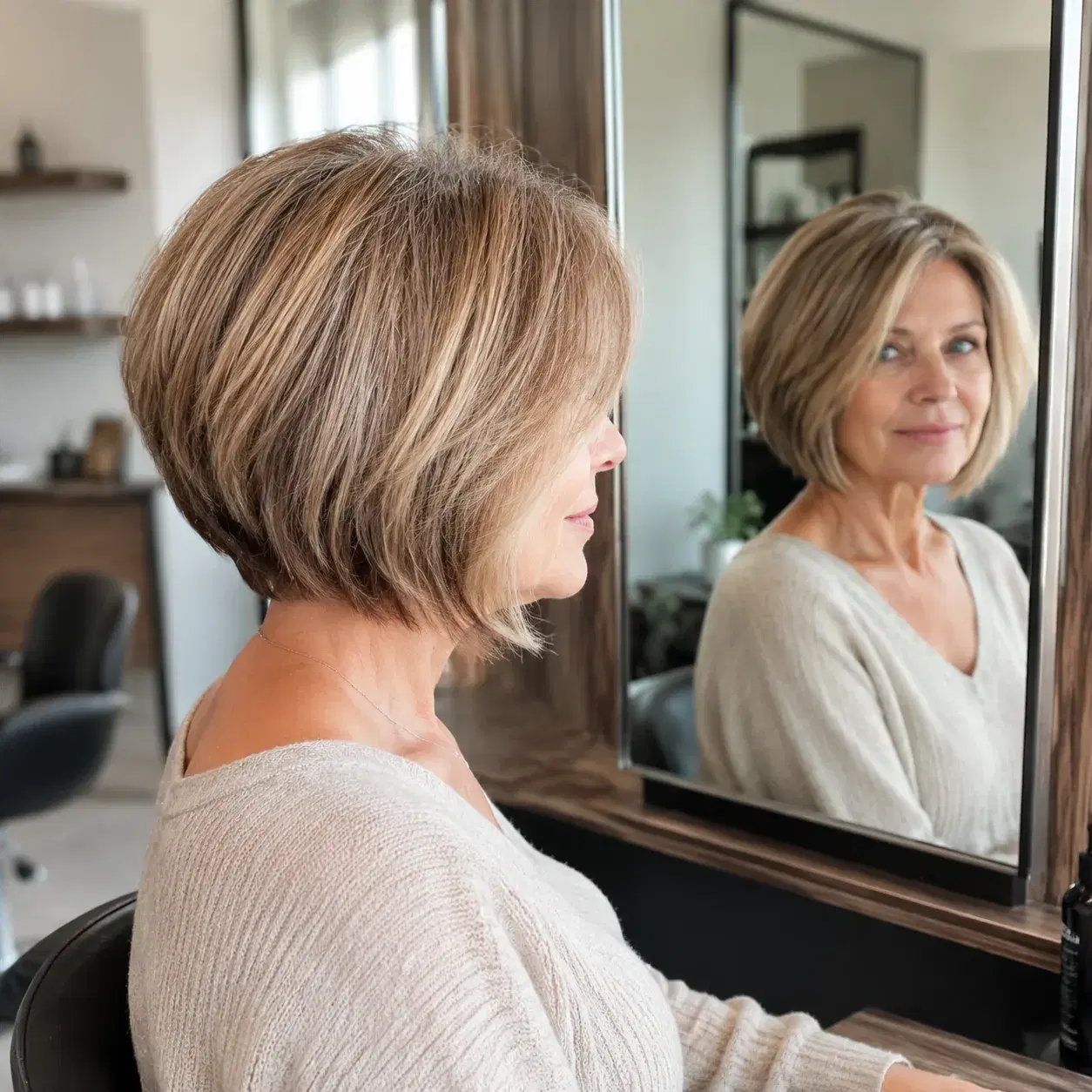 Realistic editorial photo of a woman over 50 with a soft A-line bob, slightly longer in front, salon mirror side view, n
