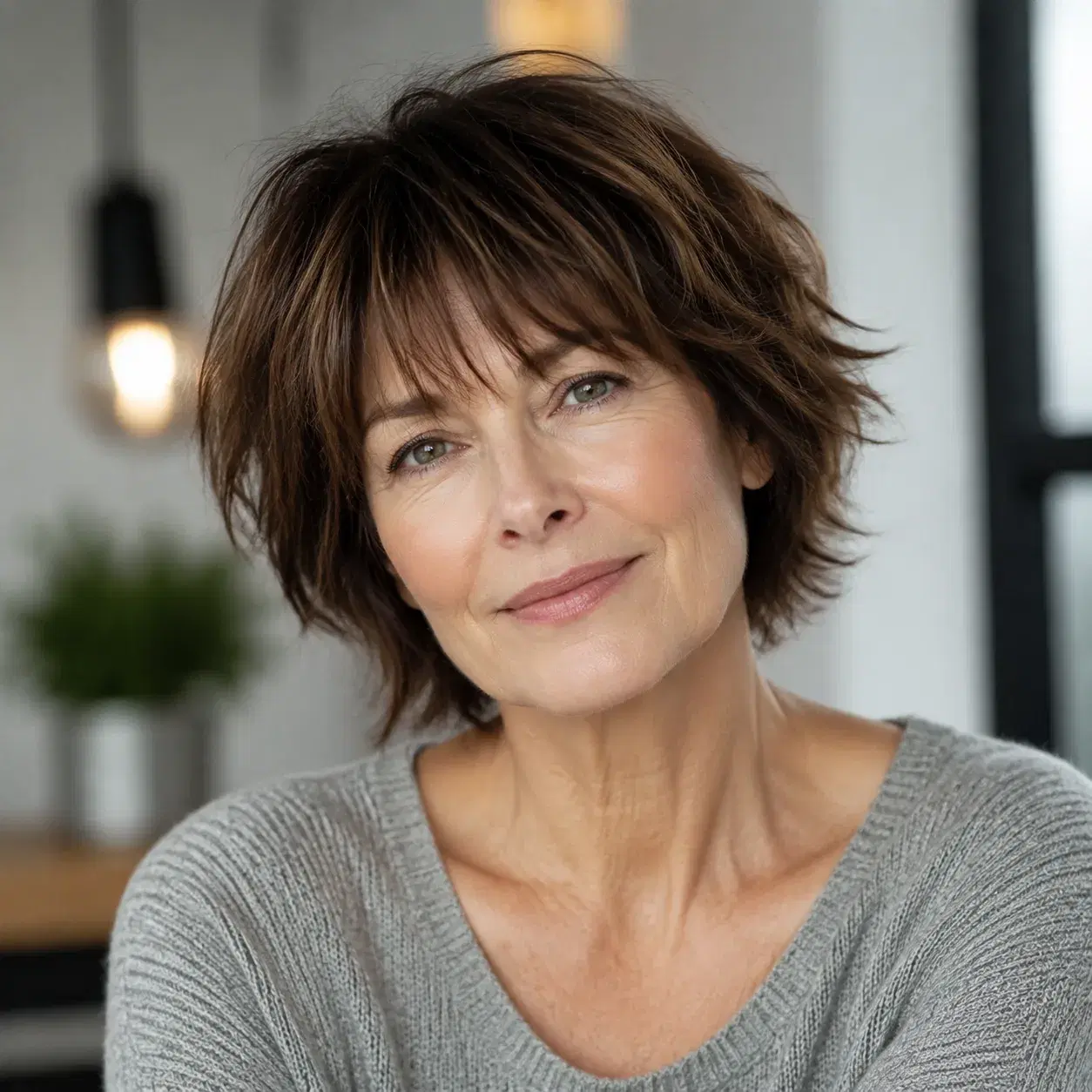 Realistic editorial photo of a woman over 50 with a short shaggy bob haircut, soft bangs and natural texture, relaxed sa