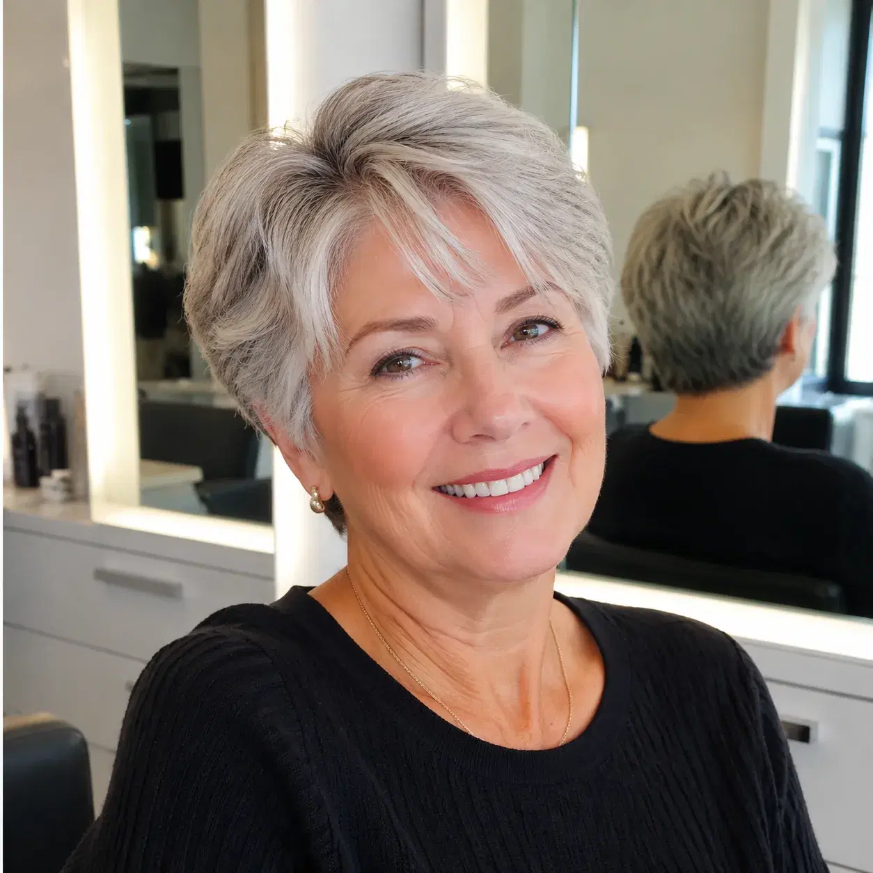 Realistic editorial photo of a woman over 50 with low-maintenance silver hair in a neat layered cut, bright salon mirror