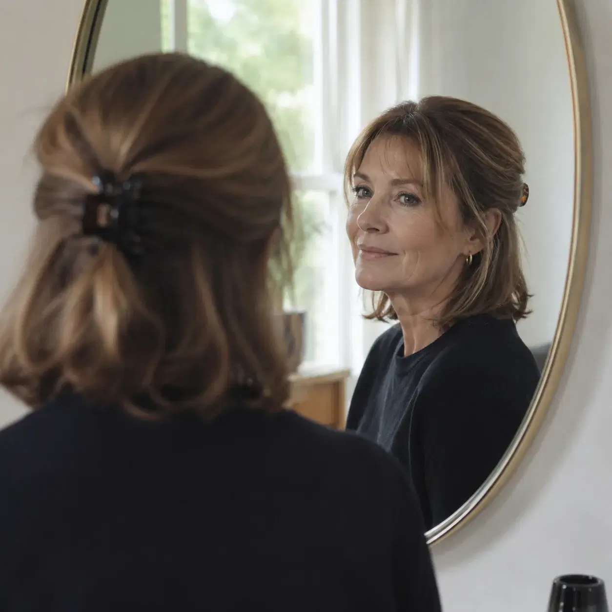 Realistic editorial photo of a woman over 50 wearing a simple claw clip with a shoulder-length haircut, home mirror sett