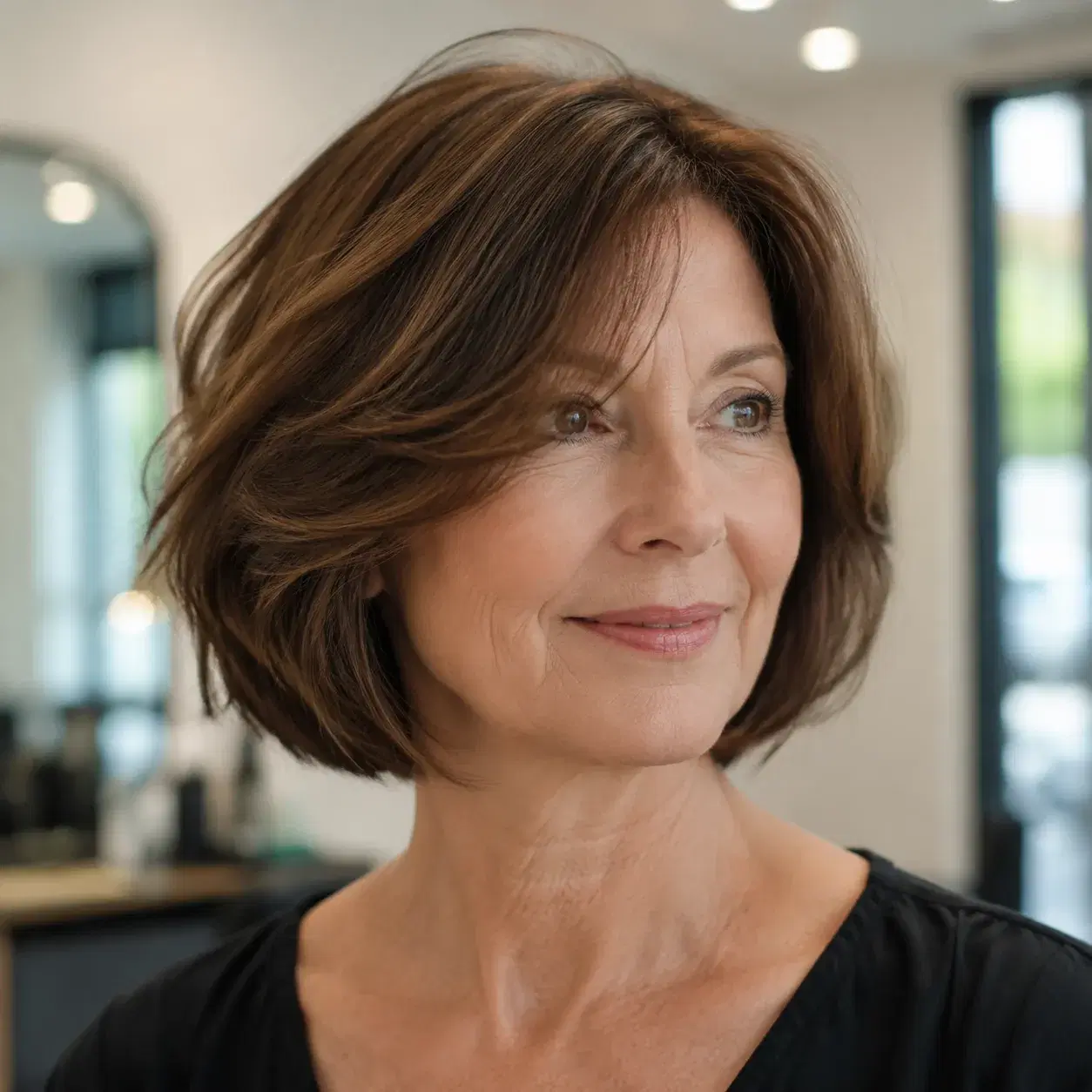 Realistic editorial photo of a woman over 50 with a chin-to-collarbone length haircut, soft face framing and natural mov
