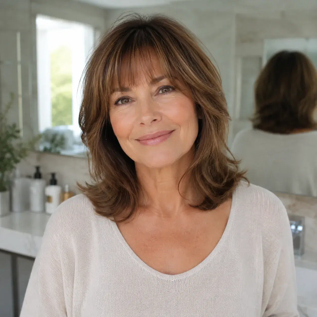 Realistic editorial photo of a woman over 50 with soft fringe and medium hair, natural makeup, bright bathroom mirror ba