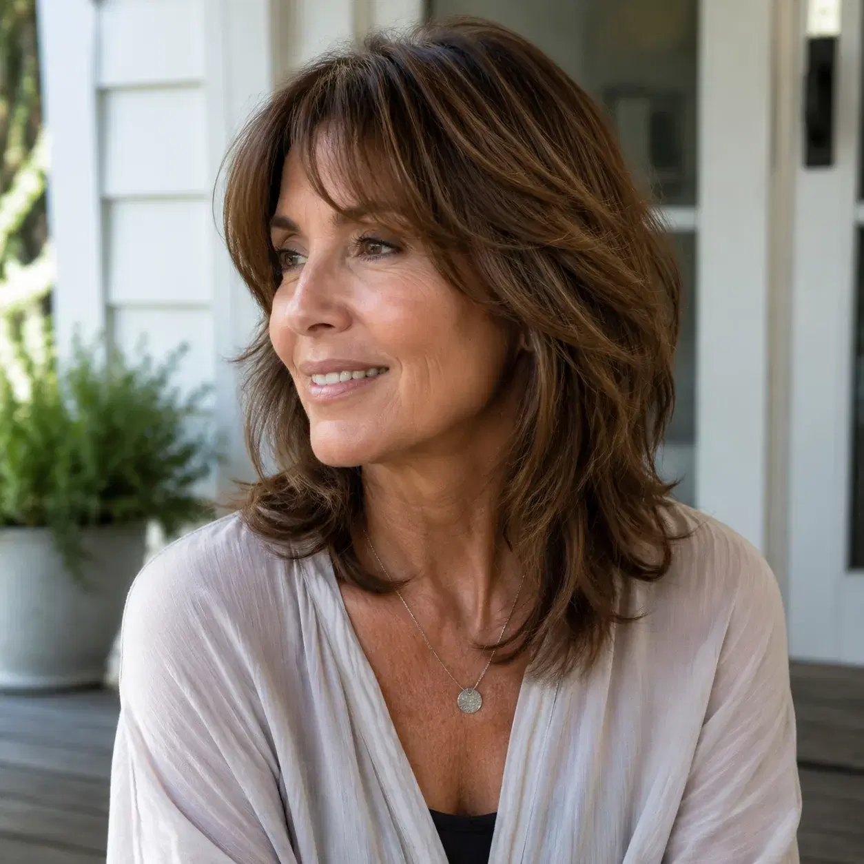 Realistic editorial photo of a woman over 50 with a humidity-friendly layered haircut, light frizz controlled naturally,