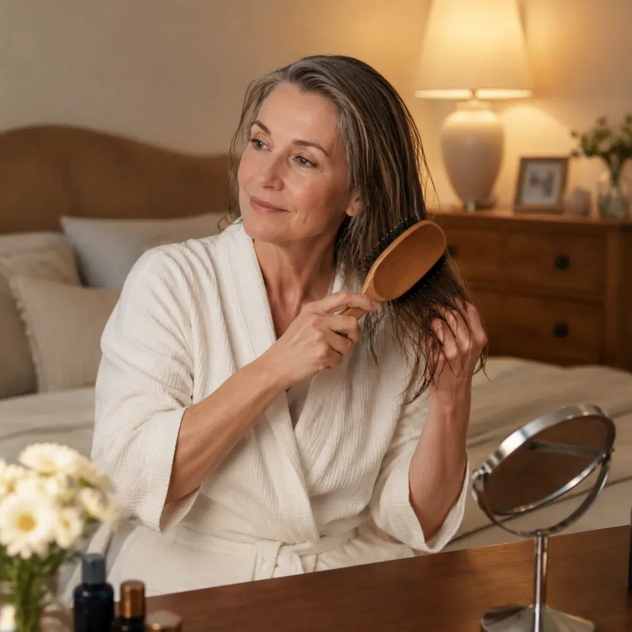 Realistic editorial photo of a woman over 50 brushing damp hair before bed with a simple easy haircut, cozy bedroom vani