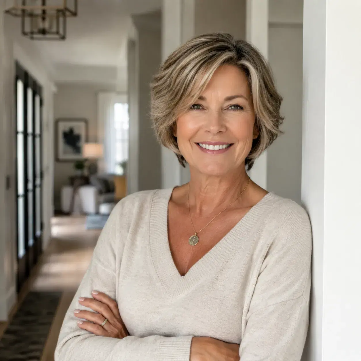 Realistic editorial photo of a woman over 50 with an easy flattering haircut on a normal casual day, smiling in a bright