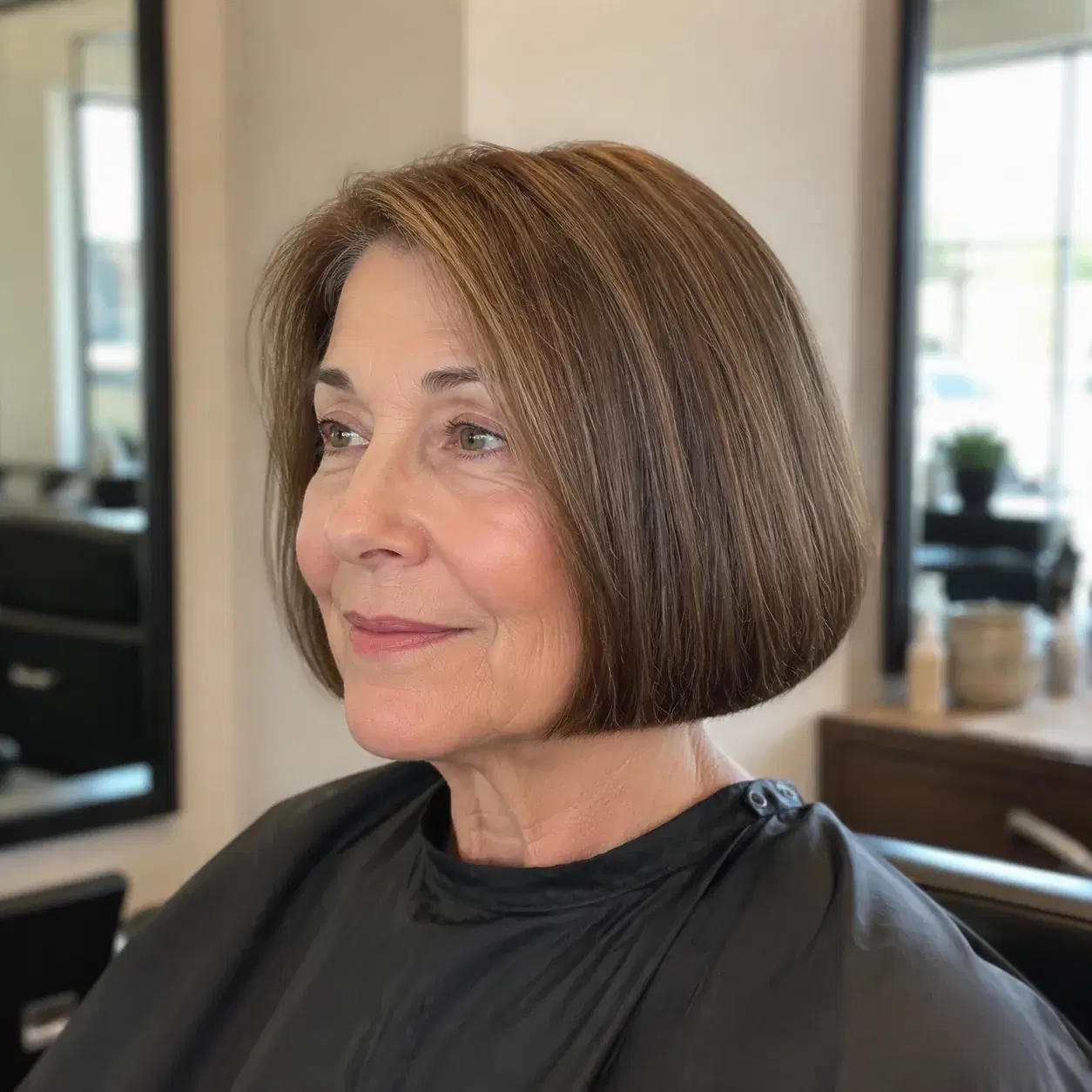 Realistic editorial photo of a woman over 50 with a chin-length bob haircut, clean blunt bottom line, salon chair and mi