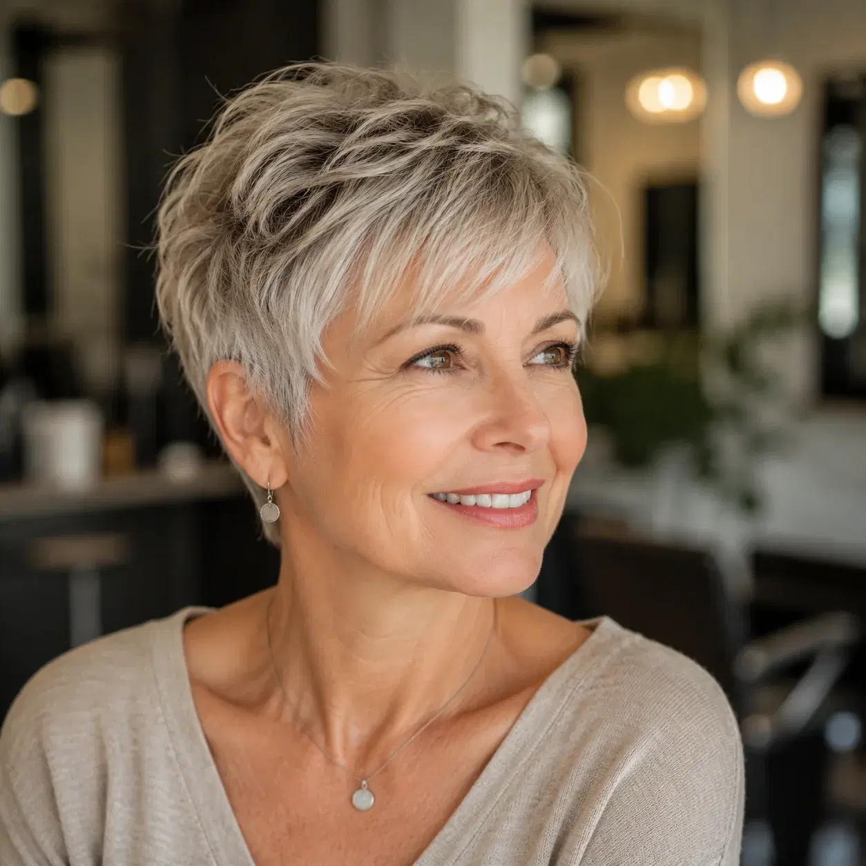 Realistic editorial photo of a woman over 50 with a soft pixie haircut and longer textured pieces on top, neutral salon 