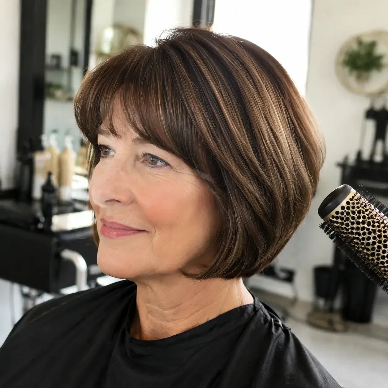 Realistic editorial photo of a woman over 50 with a rounded bob haircut and subtle hidden layers, salon styling scene wi