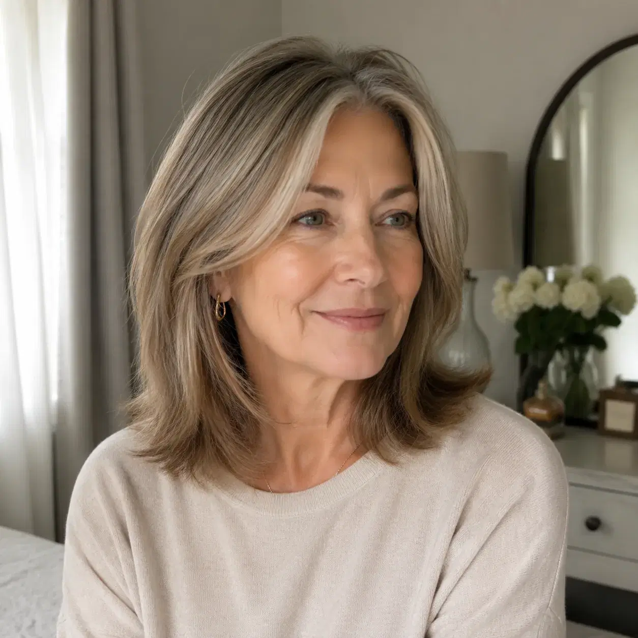 Realistic editorial photo of a woman over 50 with shoulder-length hair and very light face-framing layers, calm bedroom 