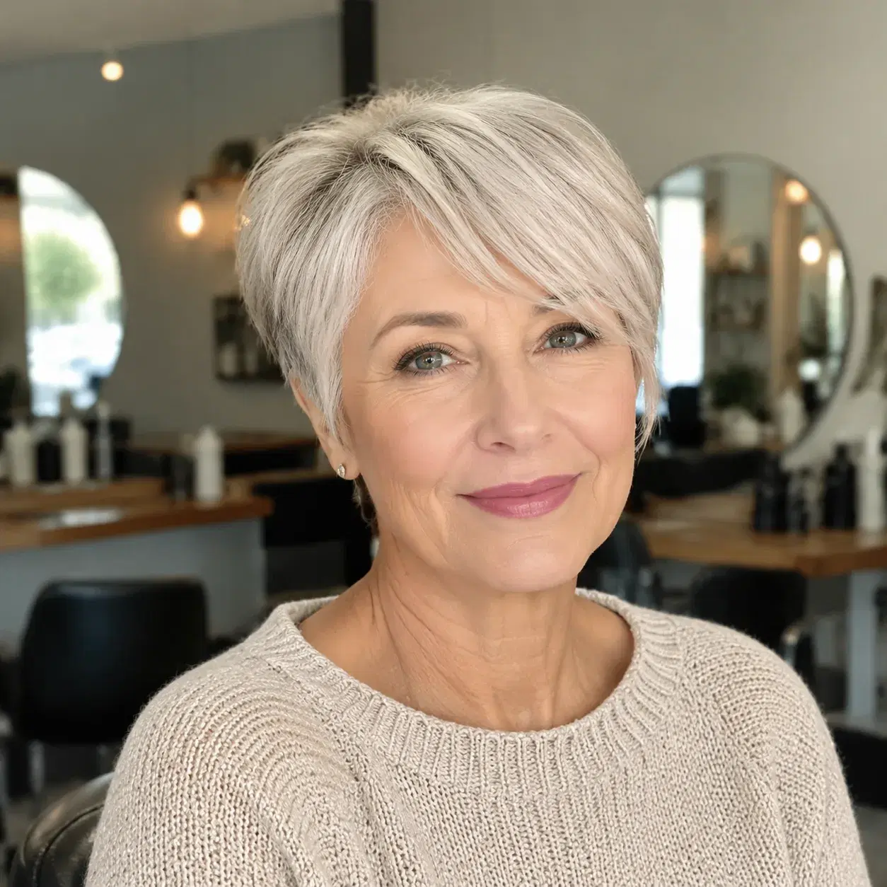 Realistic editorial photo of a woman over 50 with a long pixie haircut and soft side part, natural makeup, salon backgro