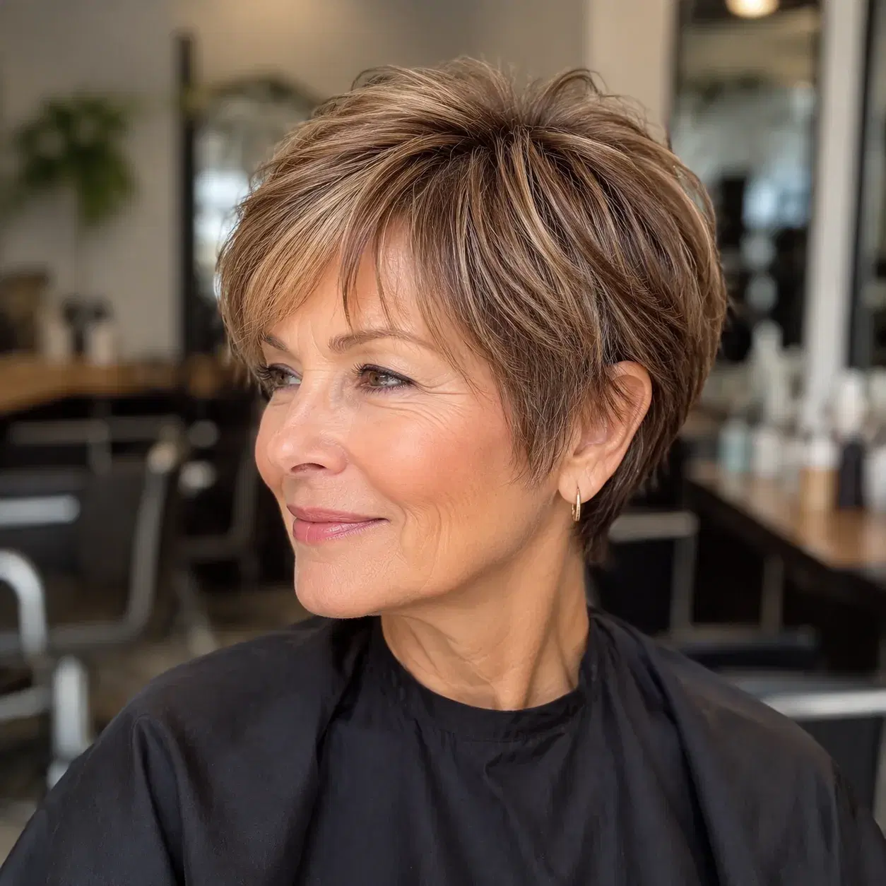 Realistic editorial photo of a woman over 50 with a bixie haircut between a bob and pixie, piecey texture, salon chair b