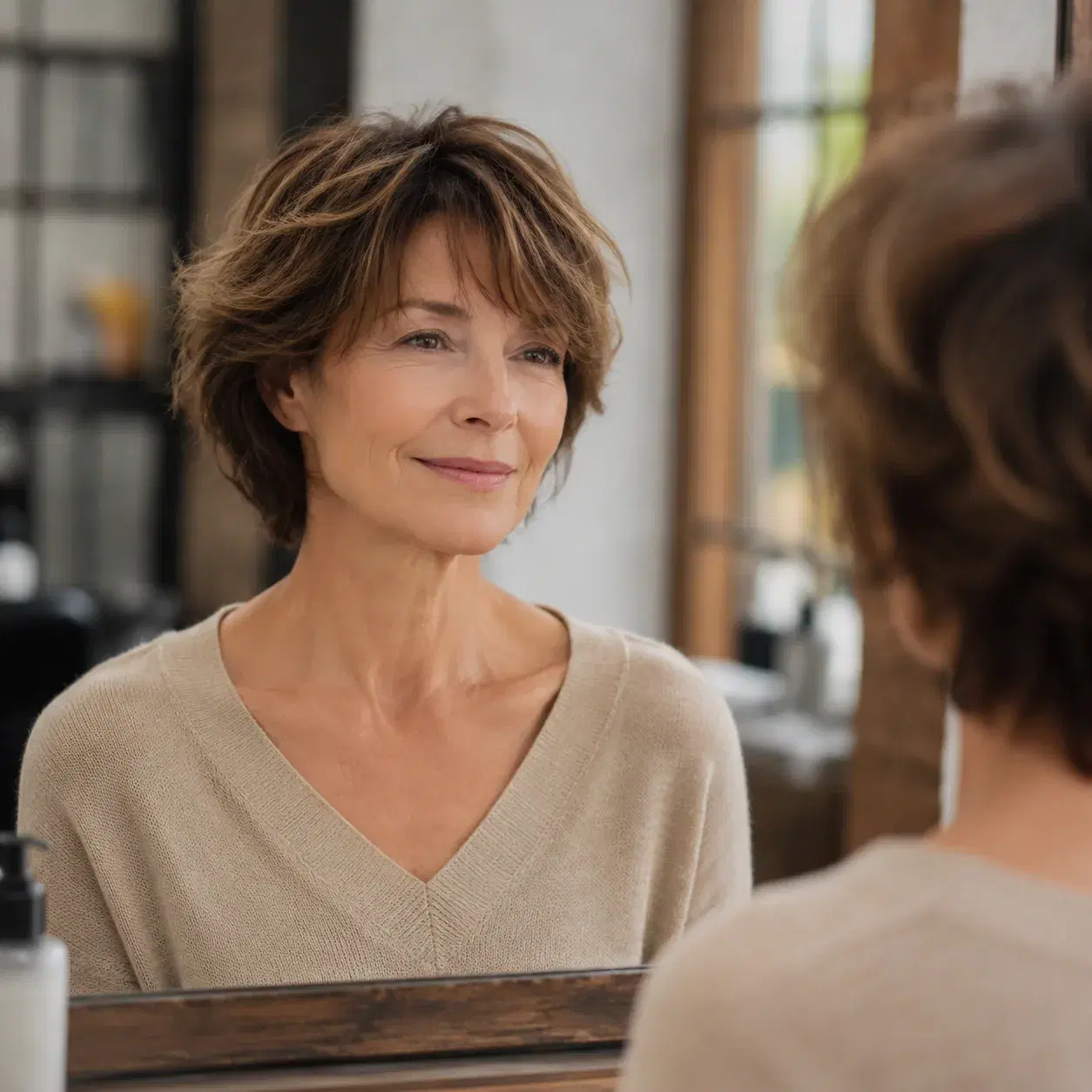 Realistic editorial photo of a woman over 50 with a soft short shag haircut, light layers and natural texture, salon mir