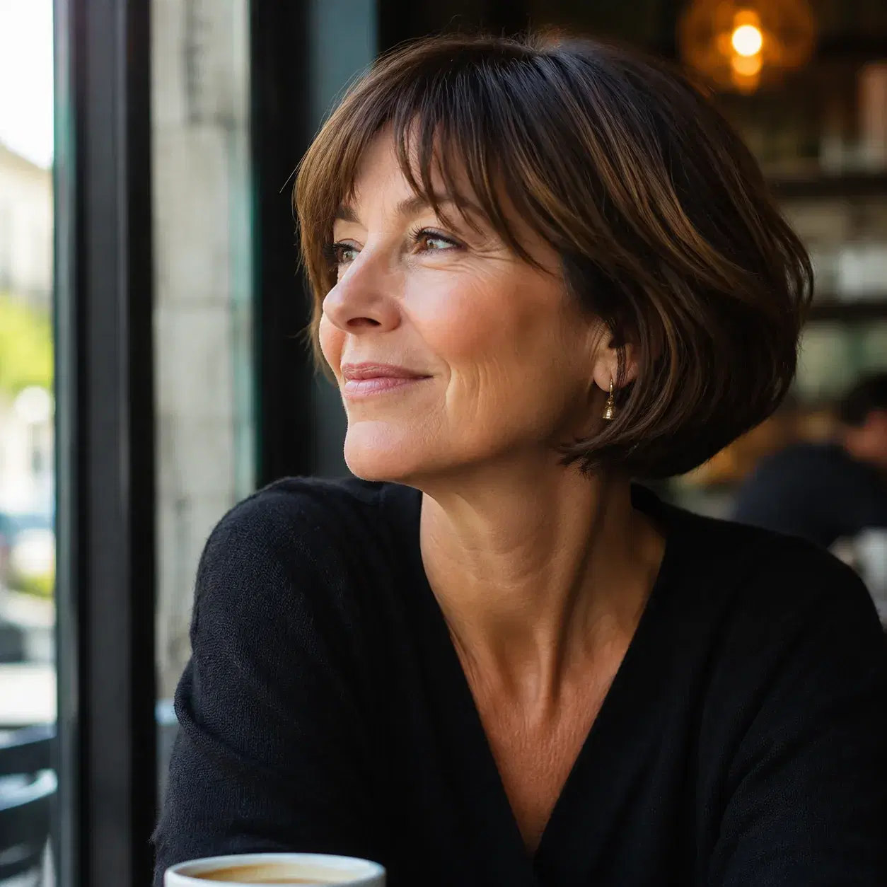 Realistic editorial photo of a woman over 50 with a jaw-length French bob haircut, simple earrings, cafe window light, e