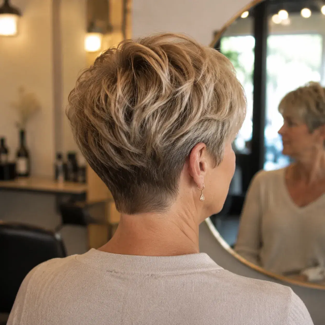 Realistic editorial photo of a woman over 50 with a short haircut tapered at the nape and fuller at the crown, back and 