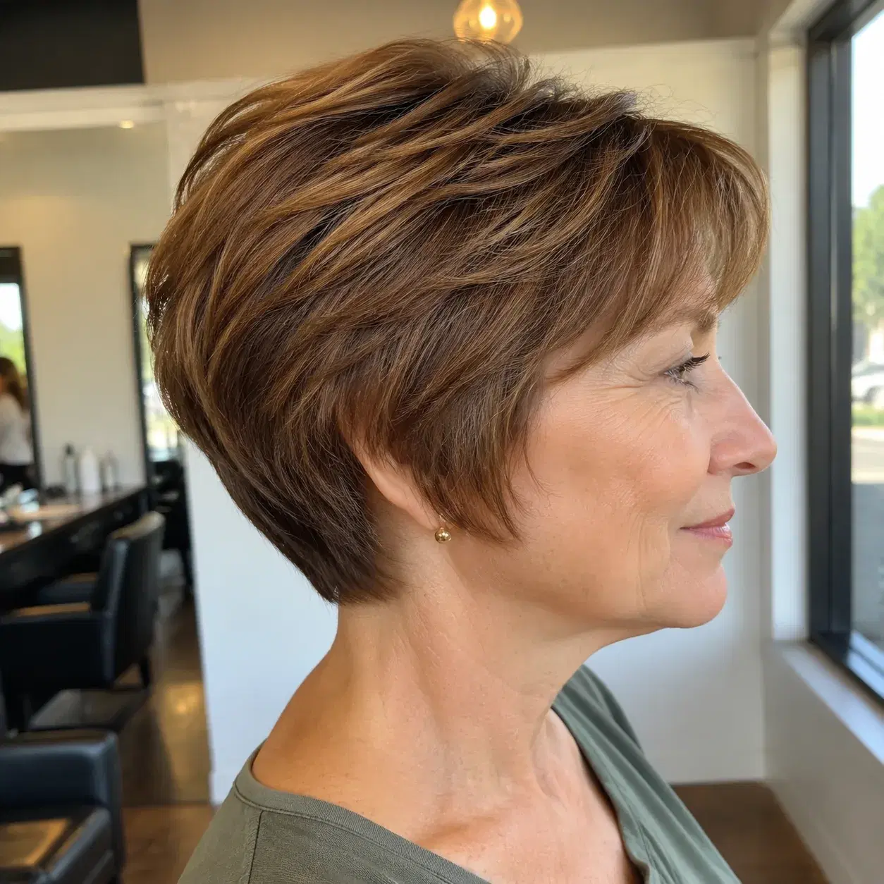 Realistic editorial photo of a woman over 50 with a modern wedge haircut, soft rounded shape, salon background with natu