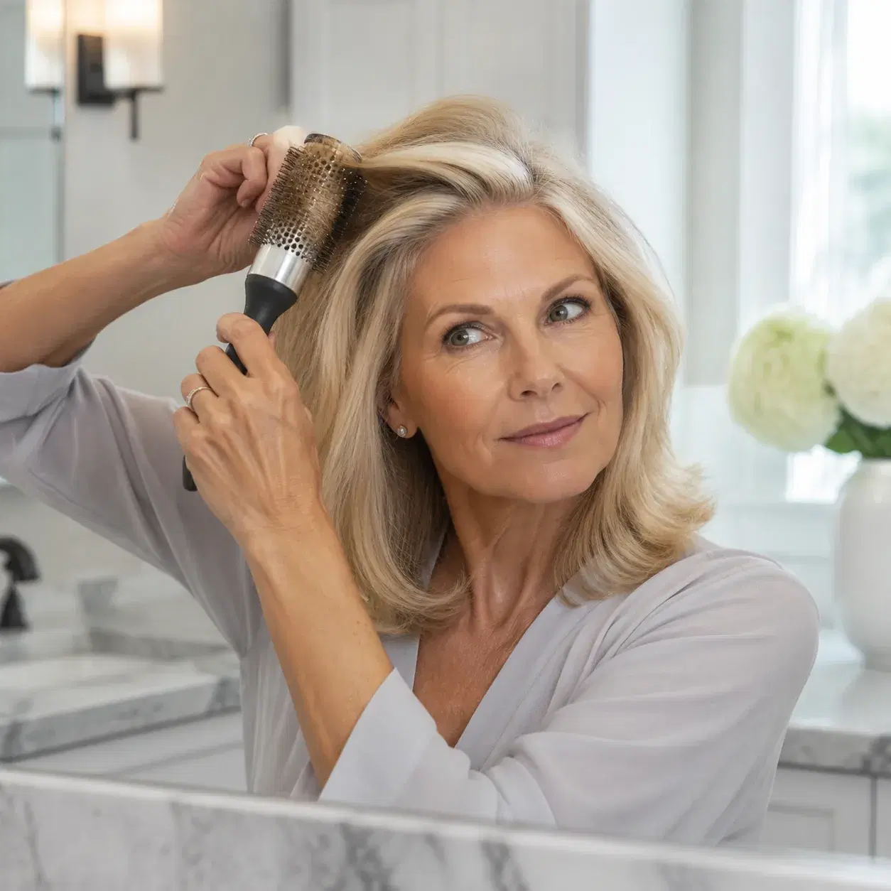 Realistic editorial photo of a woman over 50 using a round brush to lift the crown near a side part, bathroom vanity set