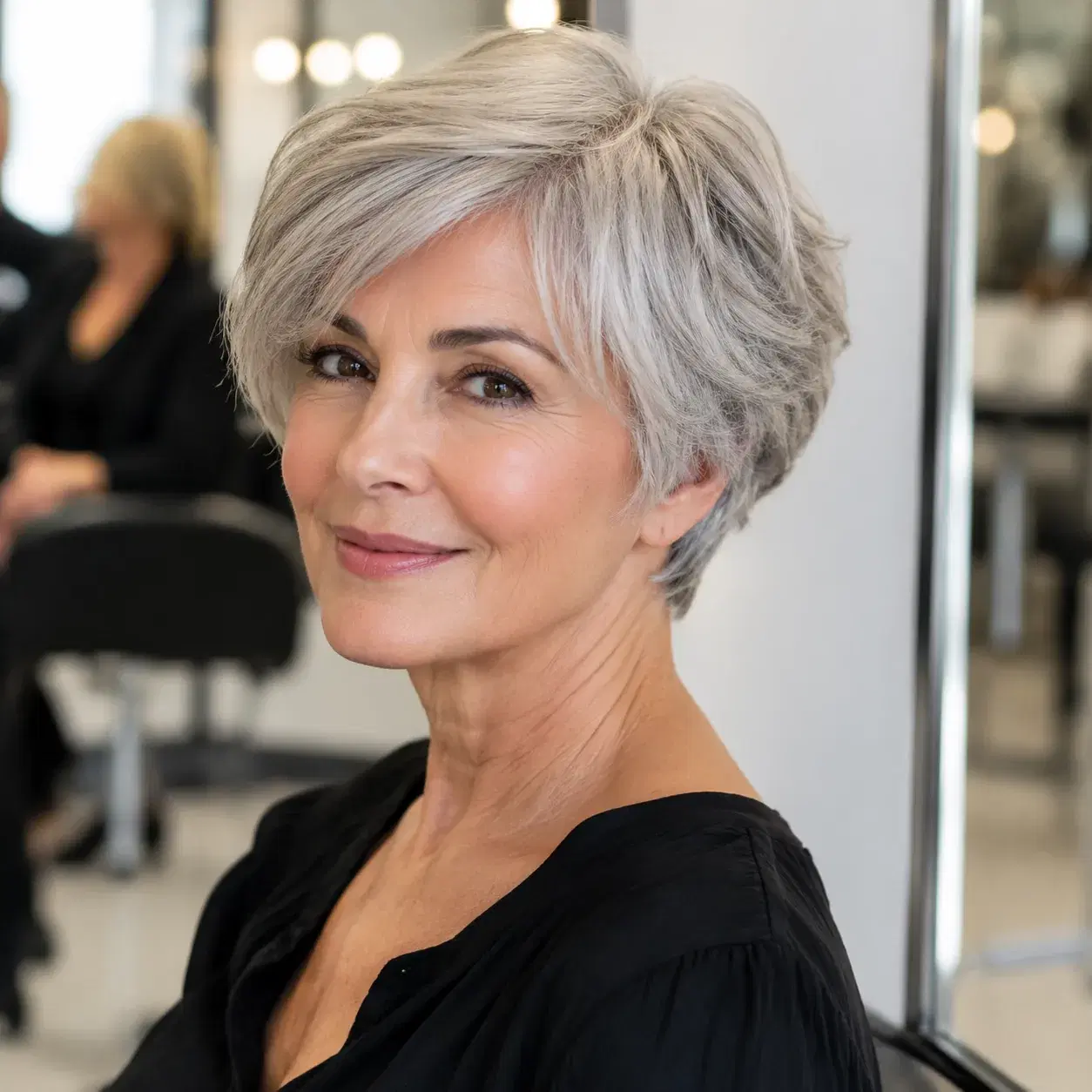 Realistic editorial photo of a woman over 50 with short silver hair in a soft layered haircut, bright salon setting, nat