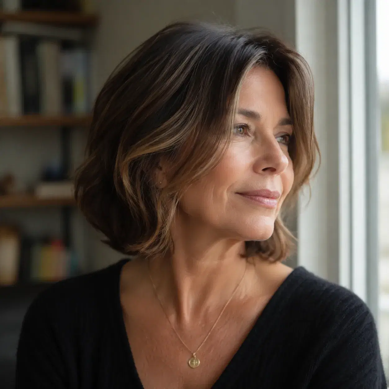 Realistic editorial photo of a woman over 50 with a lob haircut and long face-framing pieces, soft wave around the face,