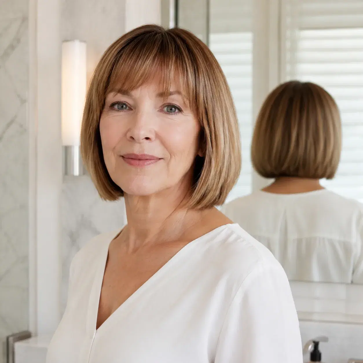 Realistic editorial photo of a woman over 50 with a blunt bob styled with a soft bend, simple white blouse, clean bathro