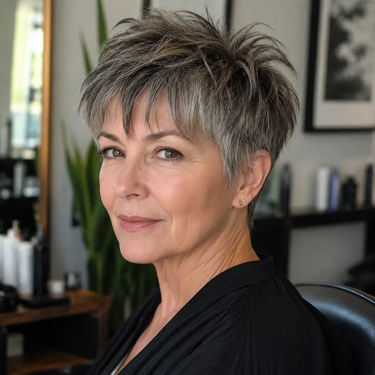 Realistic editorial photo of a woman over 50 with a textured crop haircut and piecey bangs, relaxed salon portrait, soft