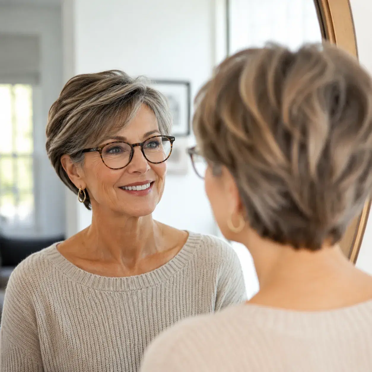 Realistic editorial photo of a woman over 50 wearing glasses with a flattering short layered haircut, bright home mirror