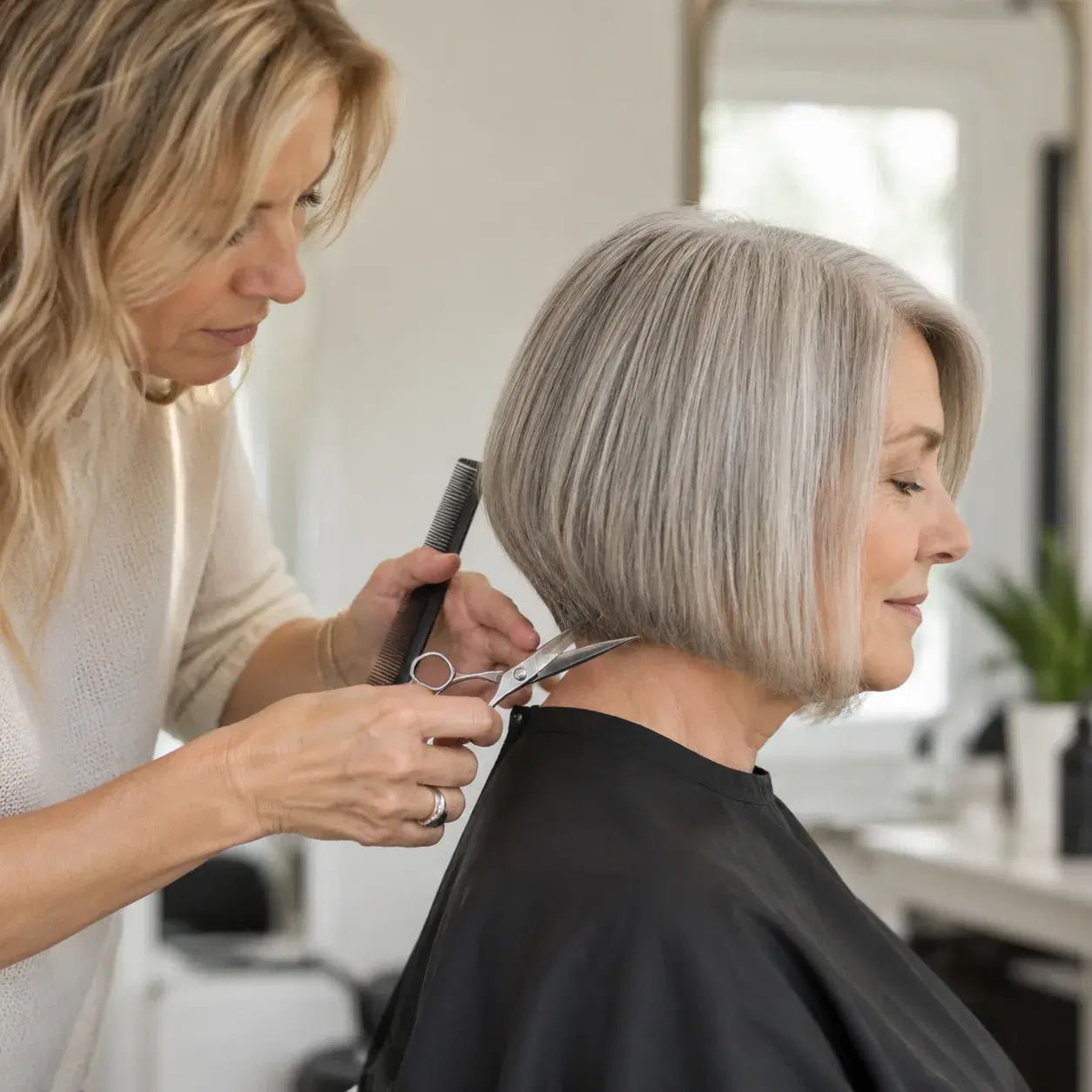 Realistic editorial photo of a stylist cutting a bob on a woman over 50 with healthy blunt ends, salon scissors and comb