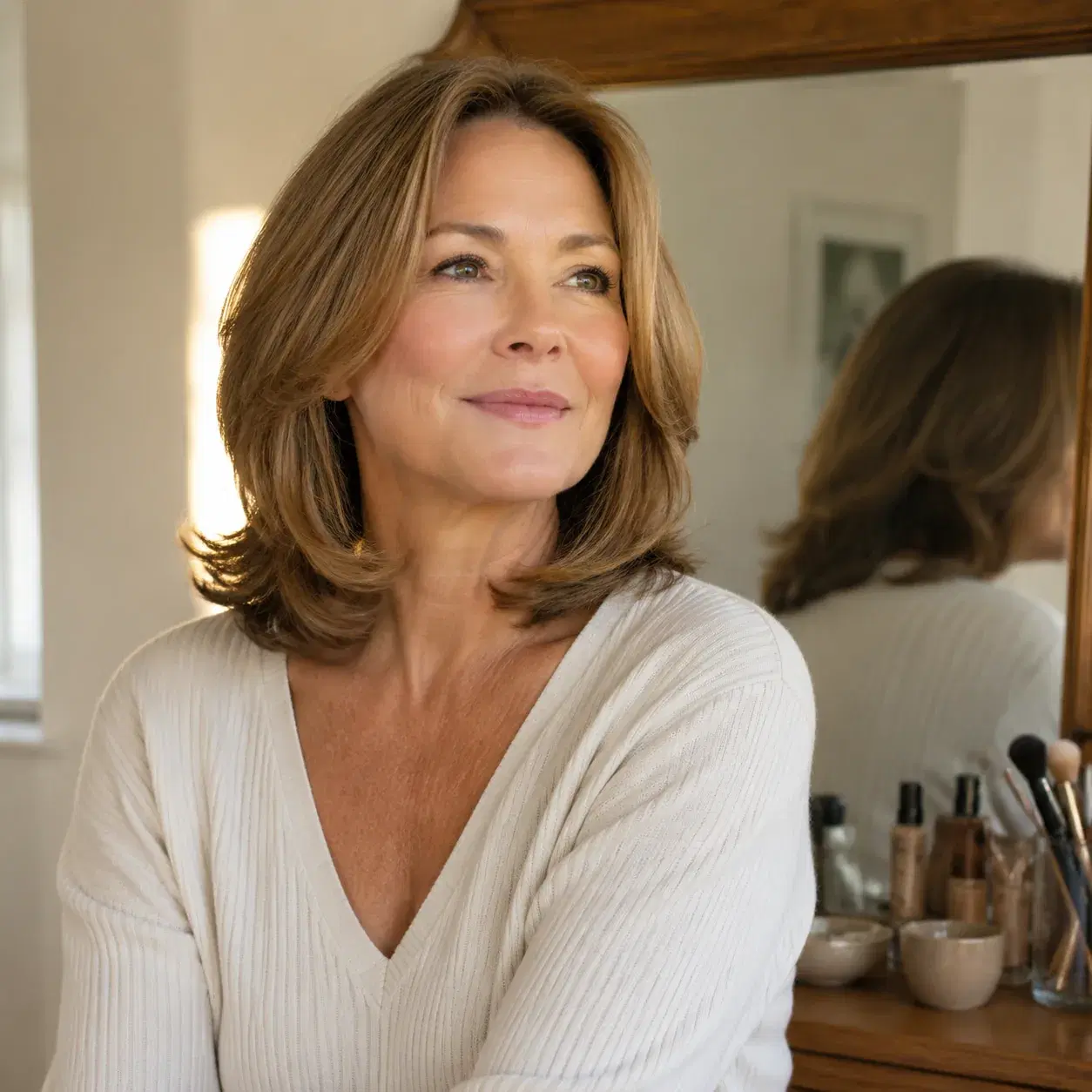 Realistic editorial photo of a woman over 50 with shoulder-skimming hair and soft flipped ends, casual home vanity scene