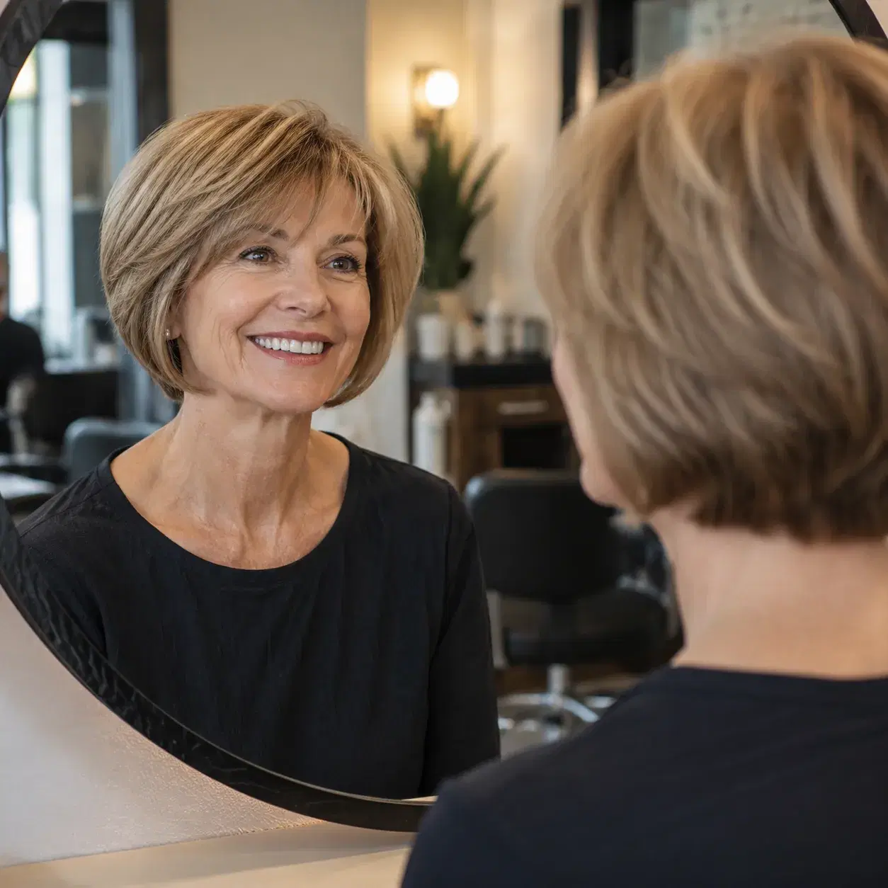 Realistic editorial photo of a woman over 50 smiling after a fresh haircut that makes thin hair look fuller, salon mirro