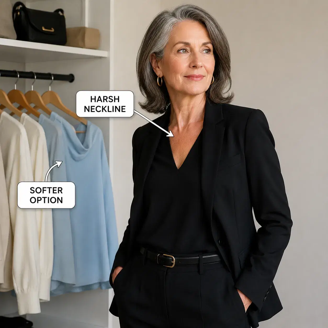 Create a premium educational fashion photograph designed for a modern lifestyle article. SUBJECT: one realistic woman ov