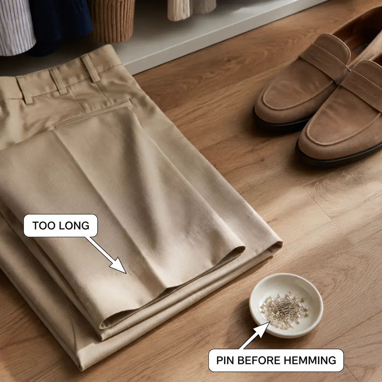 Premium photorealistic fashion advice image. Closet floor product shot of beige trousers folded beside low shoes, with t