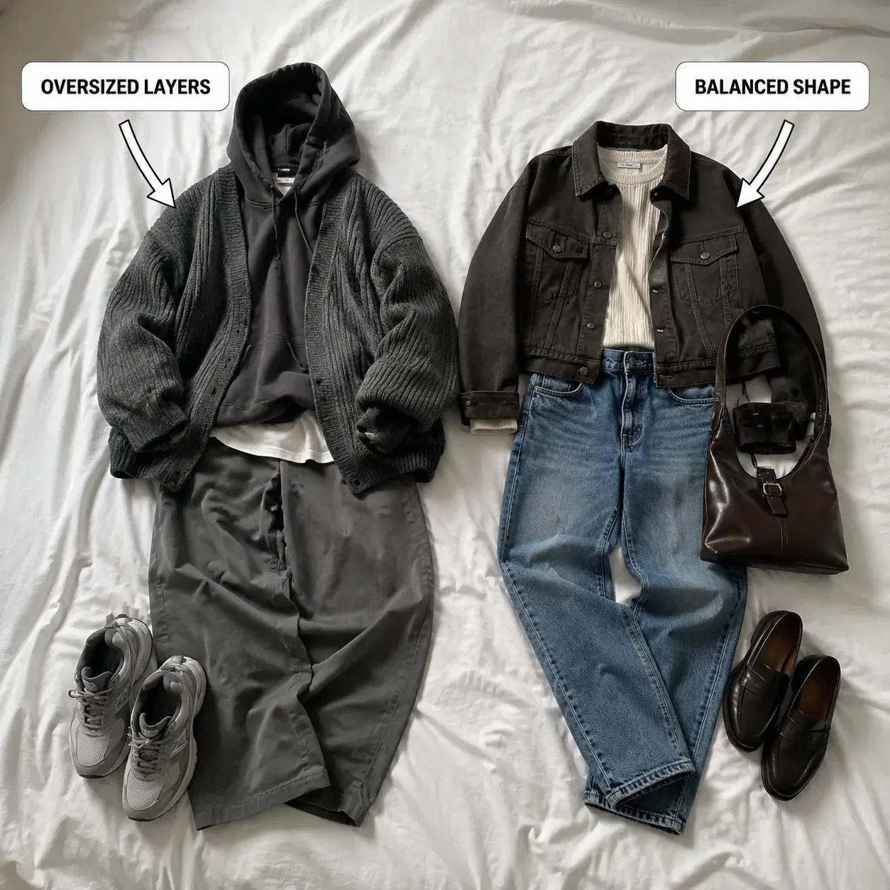 Premium photorealistic fashion advice flat lay. Two outfits on a bed: one oversized layered gray outfit beside one balan
