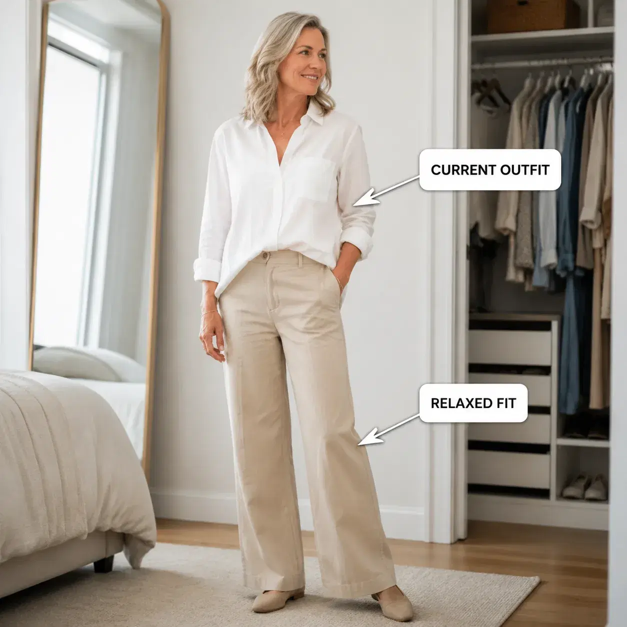 Create a premium educational fashion photograph designed for a modern lifestyle article. SUBJECT: realistic woman over 5