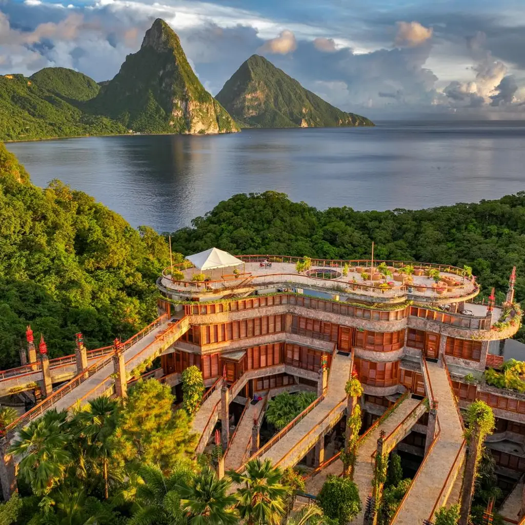 Jade Mountain resort overlooking the Pitons and Caribbean Sea in St. Lucia