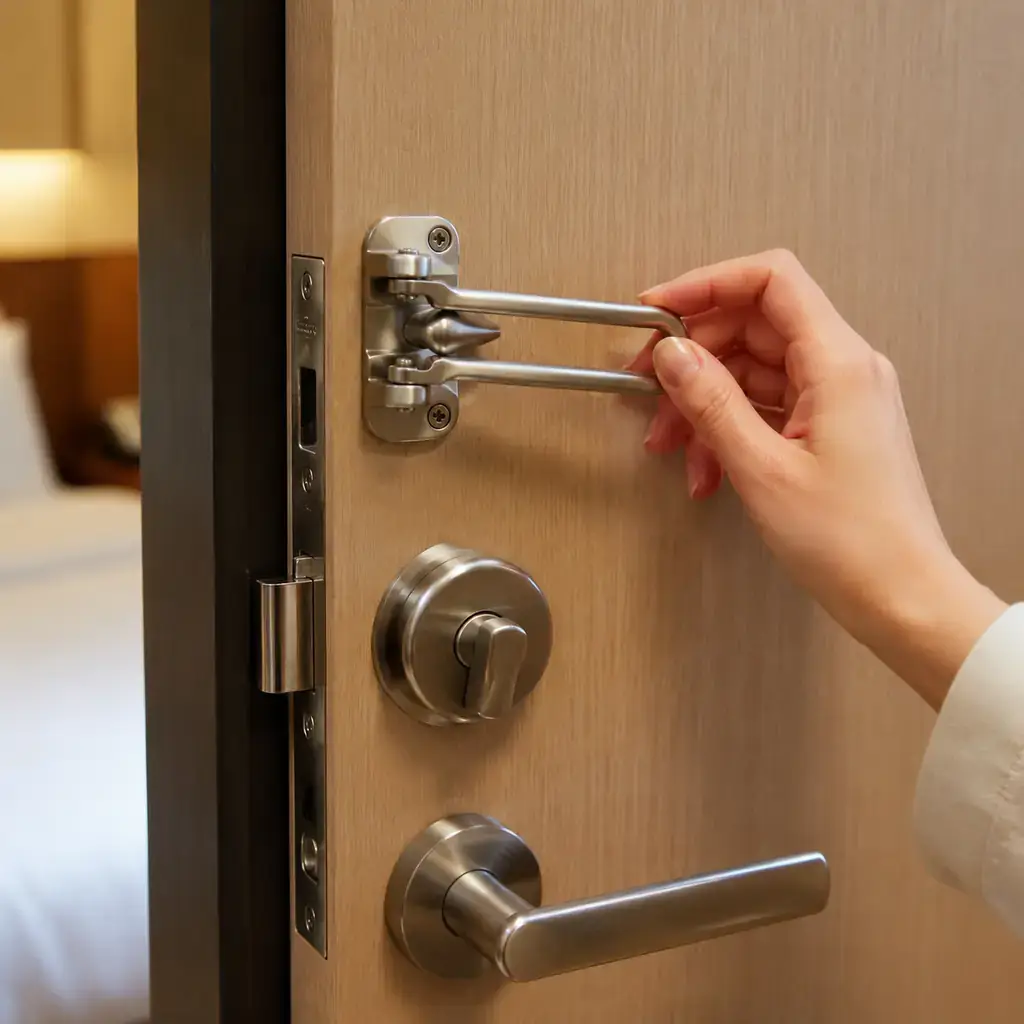 Realistic editorial close-up of a hotel deadbolt and swing-bar security latch being tested by a woman's hand from inside
