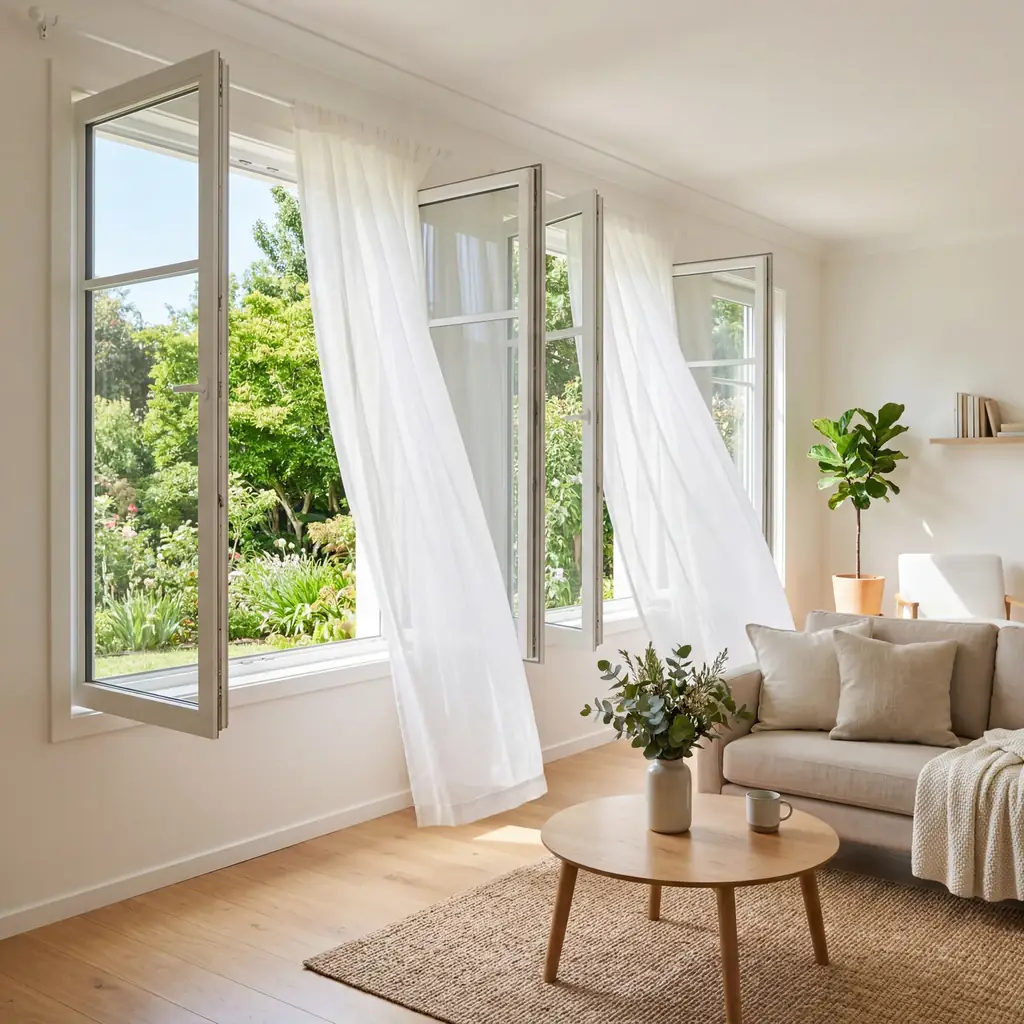 Realistic editorial photo of a woman traveler closing hotel blackout curtains and checking the center seam for privacy,
