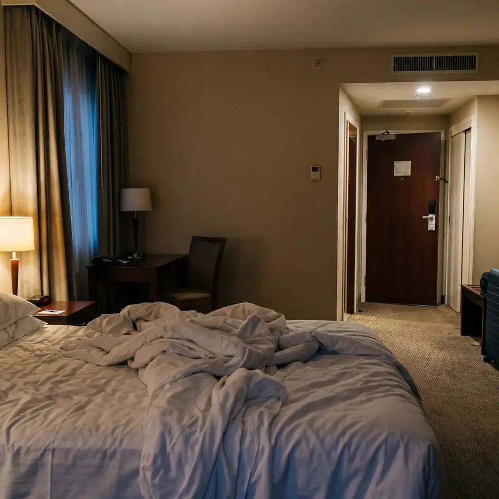 Realistic editorial photo of a solo woman traveler checking mobile phone signal beside a hotel window, room key and clos