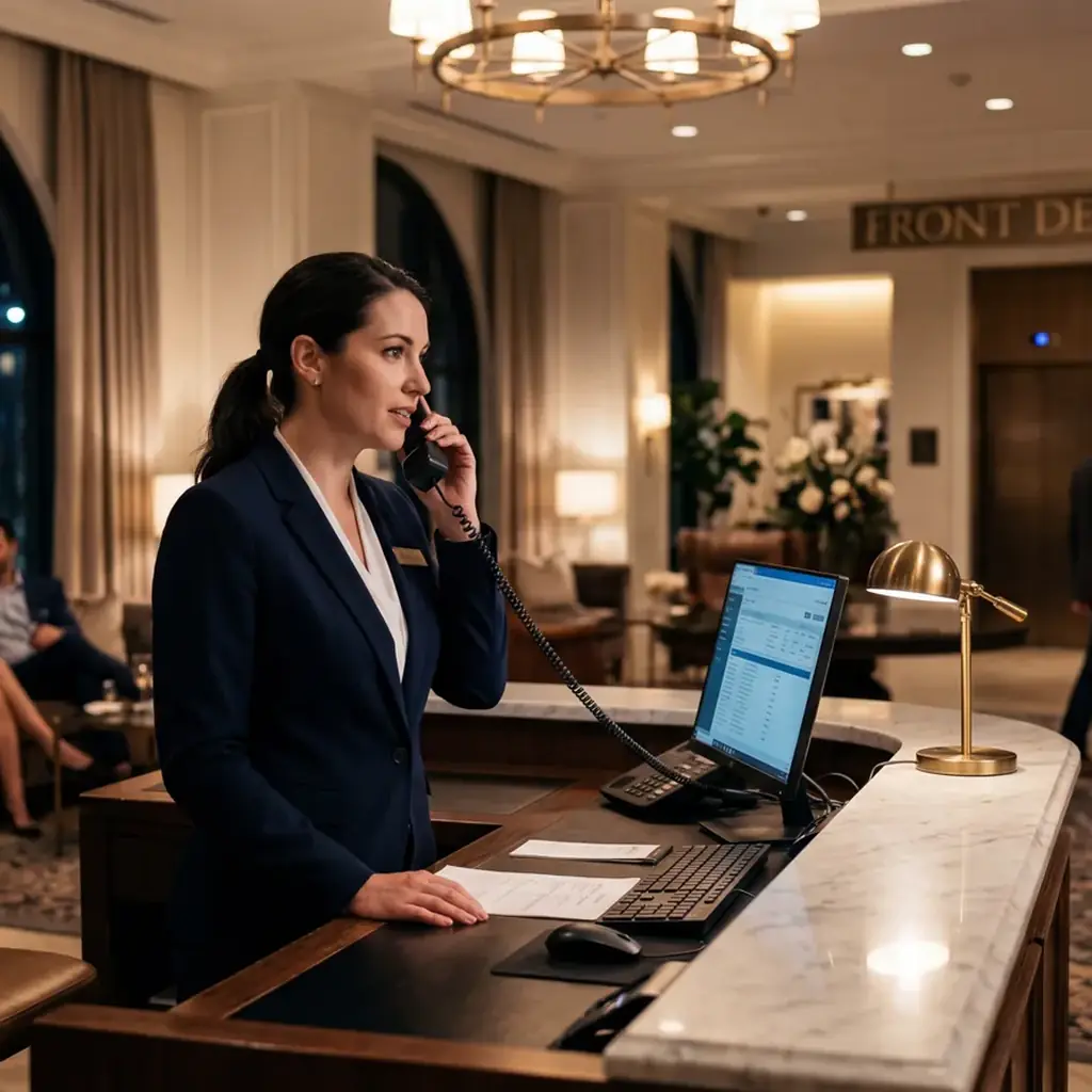 Realistic editorial photo of a woman traveler separating an unmarked hotel key card from its paper room-number sleeve, s