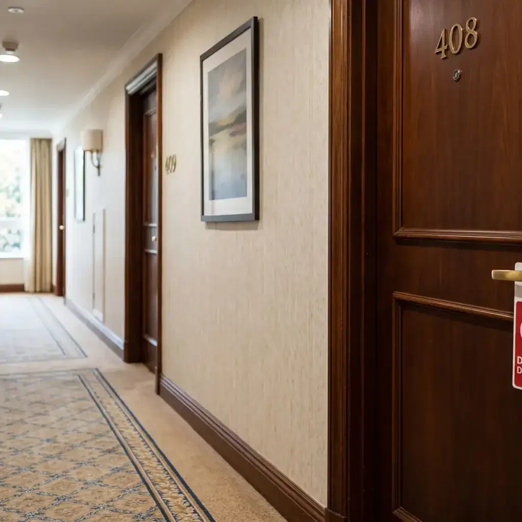Realistic editorial photo of a solo woman traveler walking a hotel corridor toward a clearly marked stairwell while coun